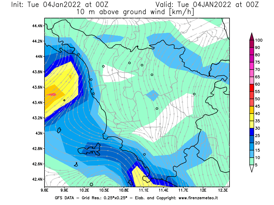 Mappa di analisi GFS - Velocità del vento a 10 metri dal suolo [km/h] in Toscana
							del 04/01/2022 00 <!--googleoff: index-->UTC<!--googleon: index-->