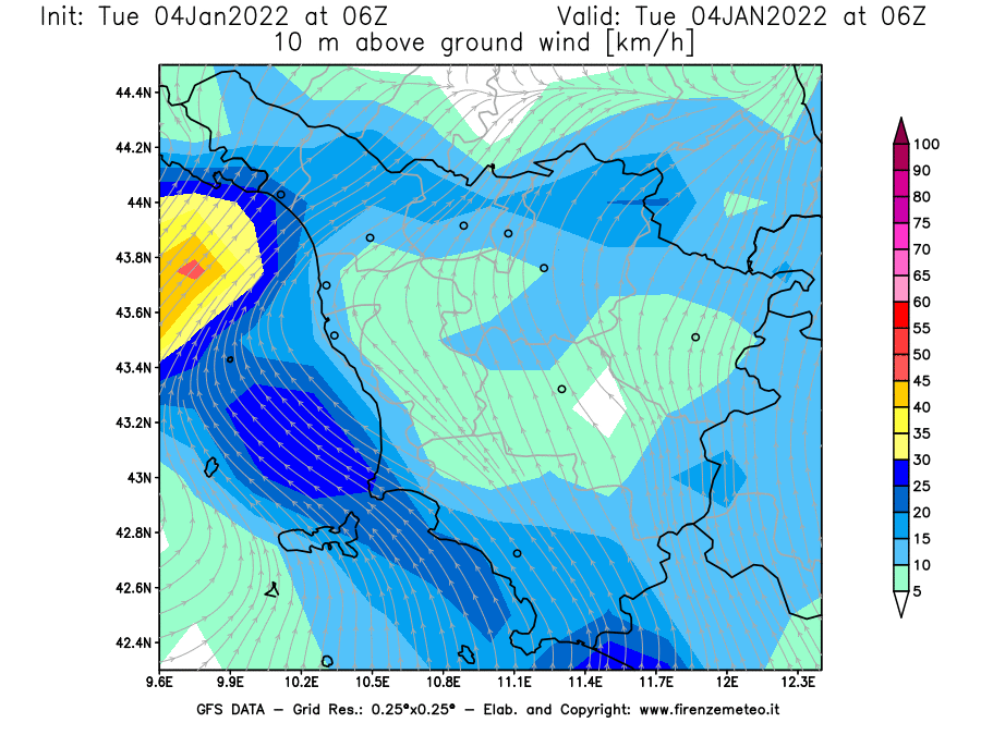 Mappa di analisi GFS - Velocità del vento a 10 metri dal suolo [km/h] in Toscana
							del 04/01/2022 06 <!--googleoff: index-->UTC<!--googleon: index-->