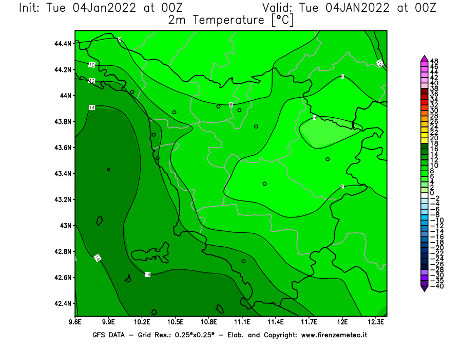 Mappa di analisi GFS - Temperatura a 2 metri dal suolo [°C] in Toscana
							del 04/01/2022 00 <!--googleoff: index-->UTC<!--googleon: index-->