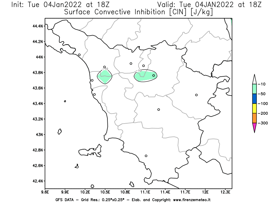 Mappa di analisi GFS - CIN [J/kg] in Toscana
							del 04/01/2022 18 <!--googleoff: index-->UTC<!--googleon: index-->