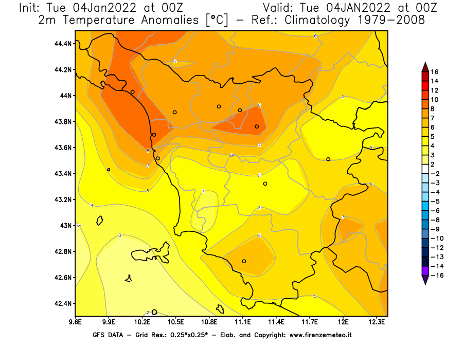 Mappa di analisi GFS - Anomalia Temperatura [°C] a 2 m in Toscana
							del 04/01/2022 00 <!--googleoff: index-->UTC<!--googleon: index-->