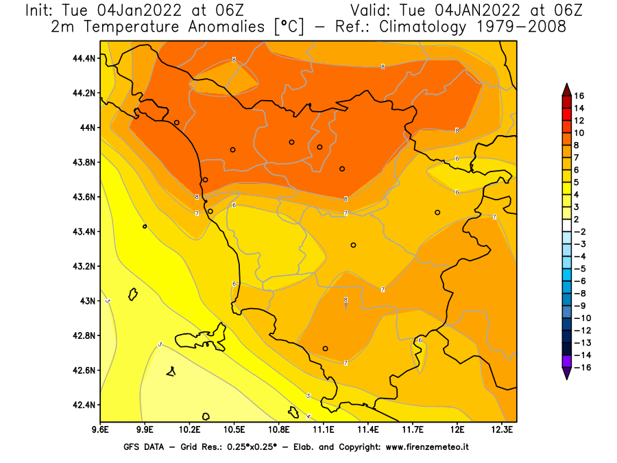 Mappa di analisi GFS - Anomalia Temperatura [°C] a 2 m in Toscana
							del 04/01/2022 06 <!--googleoff: index-->UTC<!--googleon: index-->