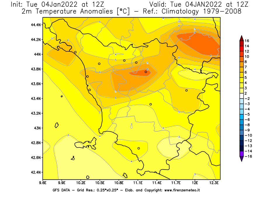 Mappa di analisi GFS - Anomalia Temperatura [°C] a 2 m in Toscana
							del 04/01/2022 12 <!--googleoff: index-->UTC<!--googleon: index-->