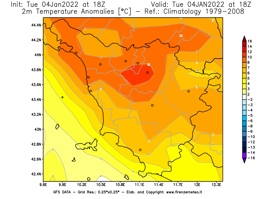 Mappa di analisi GFS - Anomalia Temperatura [°C] a 2 m in Toscana
							del 04/01/2022 18 <!--googleoff: index-->UTC<!--googleon: index-->