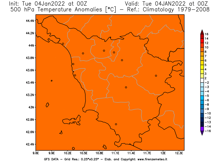 Mappa di analisi GFS - Anomalia Temperatura [°C] a 500 hPa in Toscana
							del 04/01/2022 00 <!--googleoff: index-->UTC<!--googleon: index-->