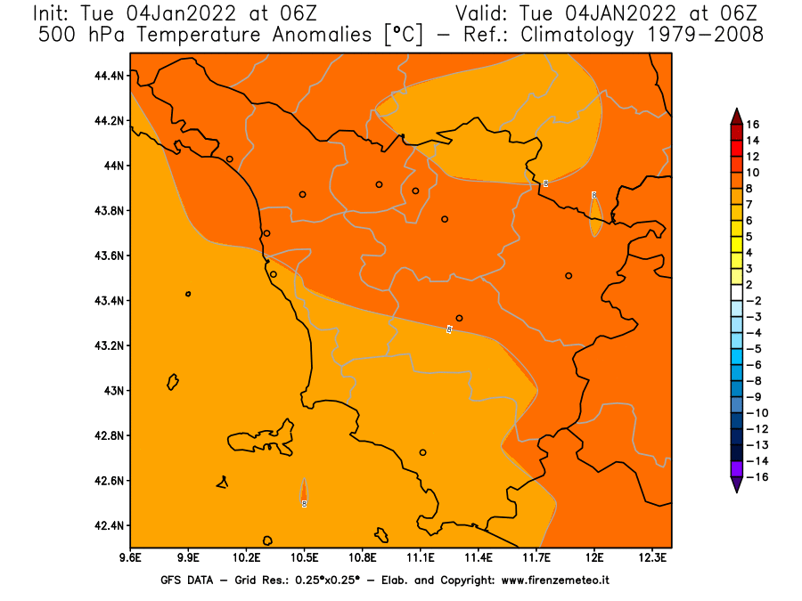 Mappa di analisi GFS - Anomalia Temperatura [°C] a 500 hPa in Toscana
							del 04/01/2022 06 <!--googleoff: index-->UTC<!--googleon: index-->
