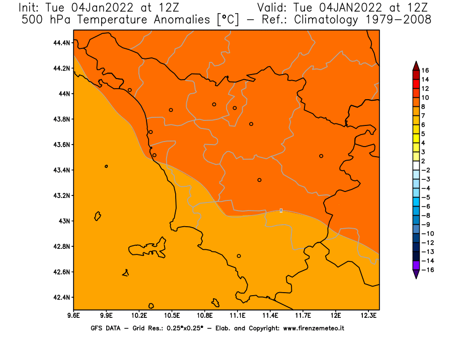 Mappa di analisi GFS - Anomalia Temperatura [°C] a 500 hPa in Toscana
							del 04/01/2022 12 <!--googleoff: index-->UTC<!--googleon: index-->