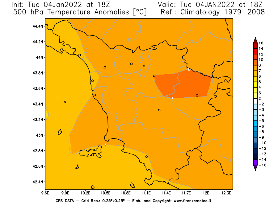 Mappa di analisi GFS - Anomalia Temperatura [°C] a 500 hPa in Toscana
							del 04/01/2022 18 <!--googleoff: index-->UTC<!--googleon: index-->