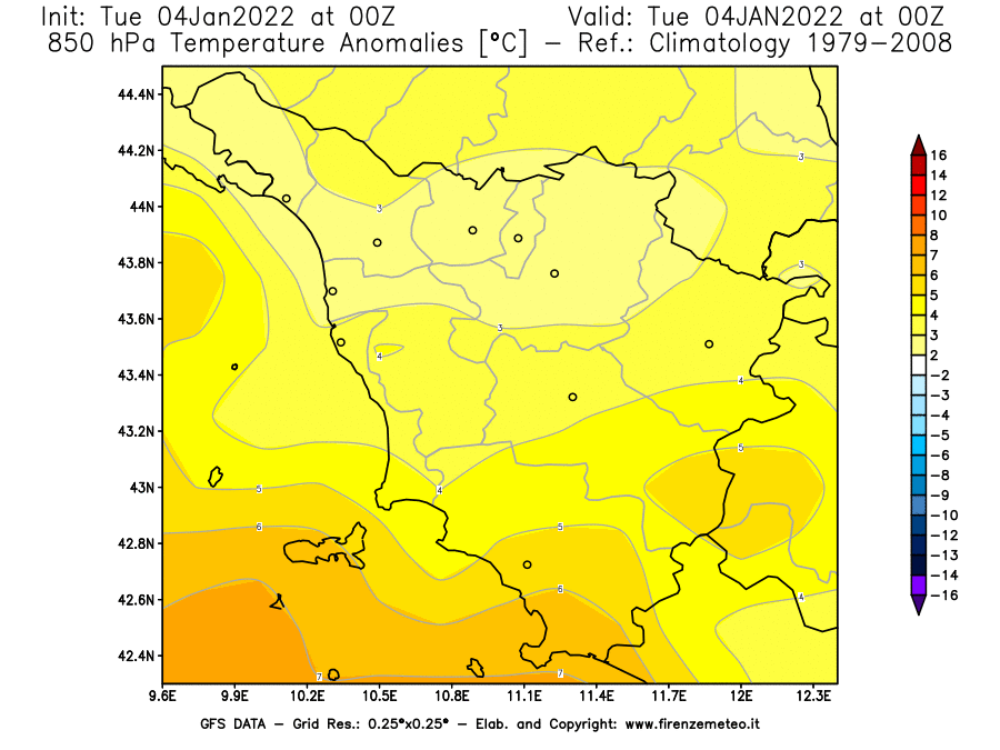 Mappa di analisi GFS - Anomalia Temperatura [°C] a 850 hPa in Toscana
							del 04/01/2022 00 <!--googleoff: index-->UTC<!--googleon: index-->