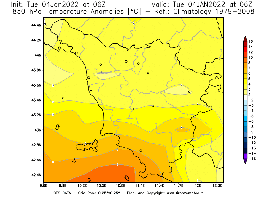 Mappa di analisi GFS - Anomalia Temperatura [°C] a 850 hPa in Toscana
							del 04/01/2022 06 <!--googleoff: index-->UTC<!--googleon: index-->
