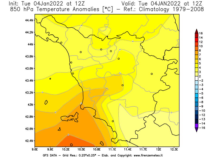 Mappa di analisi GFS - Anomalia Temperatura [°C] a 850 hPa in Toscana
							del 04/01/2022 12 <!--googleoff: index-->UTC<!--googleon: index-->