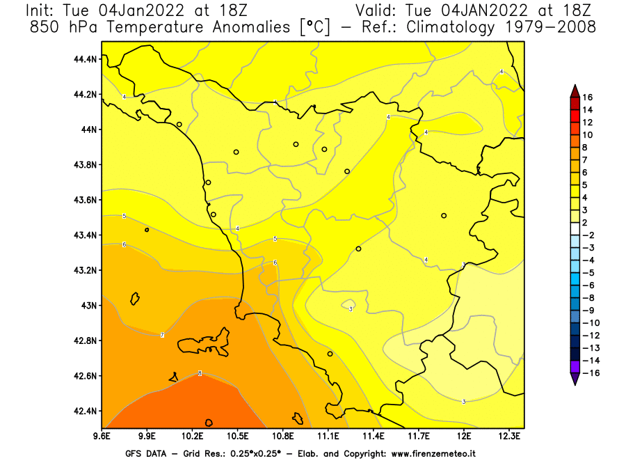 Mappa di analisi GFS - Anomalia Temperatura [°C] a 850 hPa in Toscana
							del 04/01/2022 18 <!--googleoff: index-->UTC<!--googleon: index-->