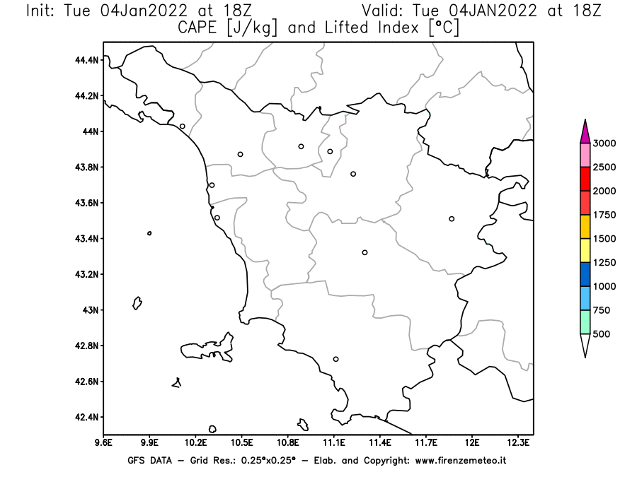 Mappa di analisi GFS - CAPE [J/kg] e Lifted Index [°C] in Toscana
							del 04/01/2022 18 <!--googleoff: index-->UTC<!--googleon: index-->