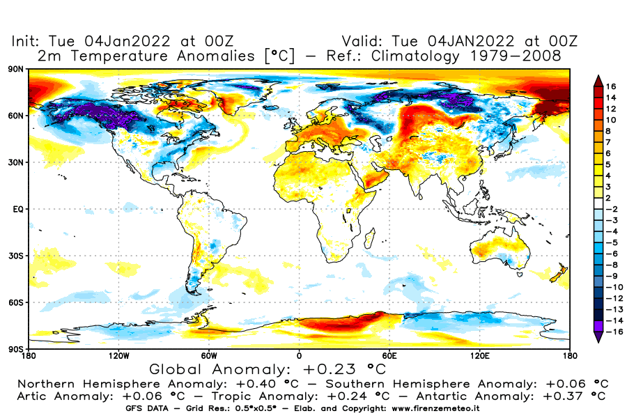 Mappa di analisi GFS - Anomalia Temperatura [°C] a 2 m in World
							del 04/01/2022 00 <!--googleoff: index-->UTC<!--googleon: index-->