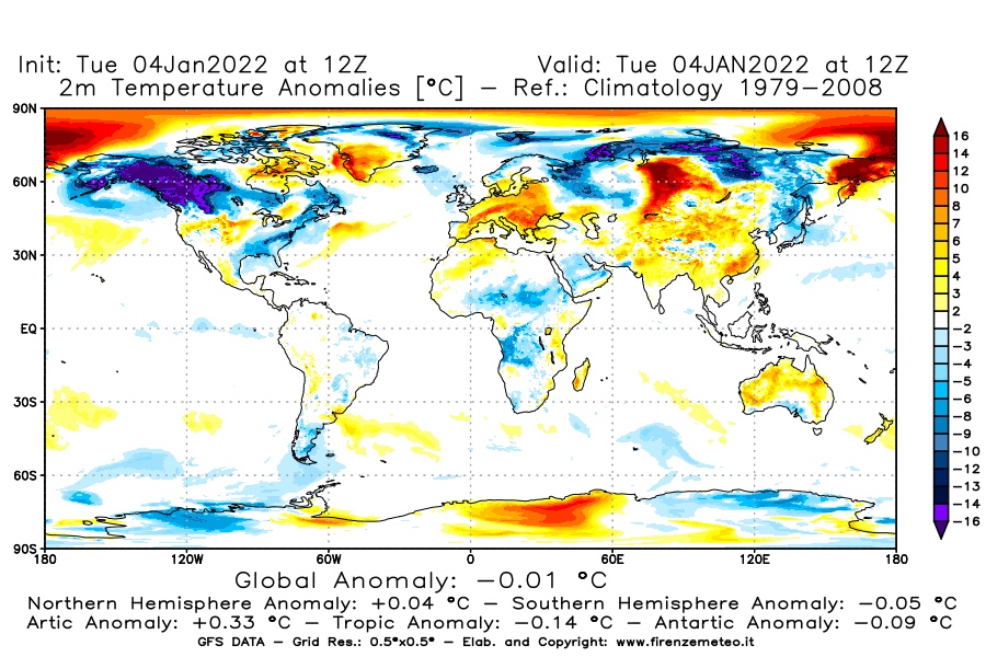 Mappa di analisi GFS - Anomalia Temperatura [°C] a 2 m in World
							del 04/01/2022 12 <!--googleoff: index-->UTC<!--googleon: index-->