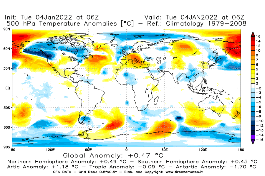 Mappa di analisi GFS - Anomalia Temperatura [°C] a 500 hPa in World
							del 04/01/2022 06 <!--googleoff: index-->UTC<!--googleon: index-->
