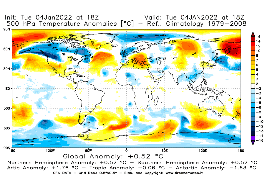Mappa di analisi GFS - Anomalia Temperatura [°C] a 500 hPa in World
							del 04/01/2022 18 <!--googleoff: index-->UTC<!--googleon: index-->