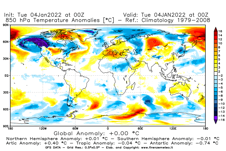 Mappa di analisi GFS - Anomalia Temperatura [°C] a 850 hPa in World
							del 04/01/2022 00 <!--googleoff: index-->UTC<!--googleon: index-->
