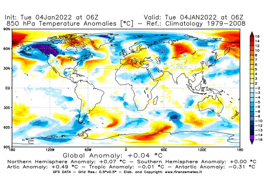 Mappa di analisi GFS - Anomalia Temperatura [°C] a 850 hPa in World
							del 04/01/2022 06 <!--googleoff: index-->UTC<!--googleon: index-->