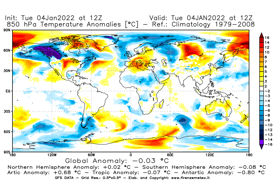 Mappa di analisi GFS - Anomalia Temperatura [°C] a 850 hPa in World
							del 04/01/2022 12 <!--googleoff: index-->UTC<!--googleon: index-->