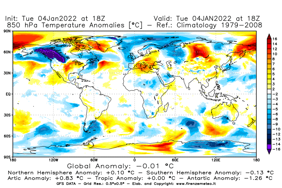Mappa di analisi GFS - Anomalia Temperatura [°C] a 850 hPa in World
							del 04/01/2022 18 <!--googleoff: index-->UTC<!--googleon: index-->