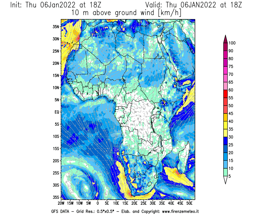 Mappa di analisi GFS - Velocità del vento a 10 metri dal suolo [km/h] in Africa
							del 06/01/2022 18 <!--googleoff: index-->UTC<!--googleon: index-->