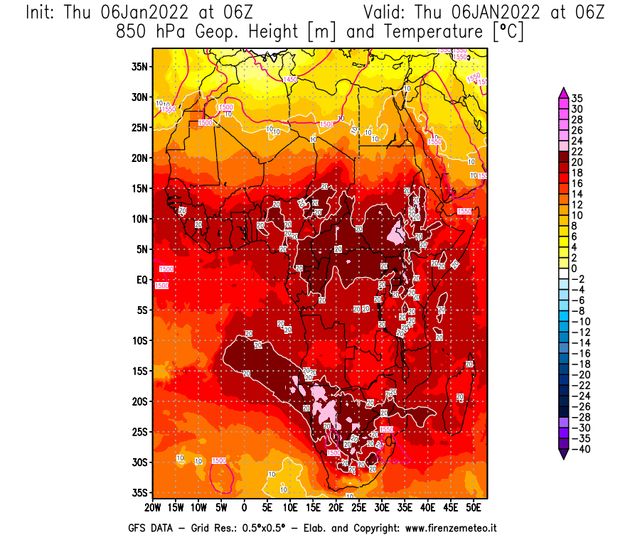 Mappa di analisi GFS - Geopotenziale [m] e Temperatura [°C] a 850 hPa in Africa
							del 06/01/2022 06 <!--googleoff: index-->UTC<!--googleon: index-->