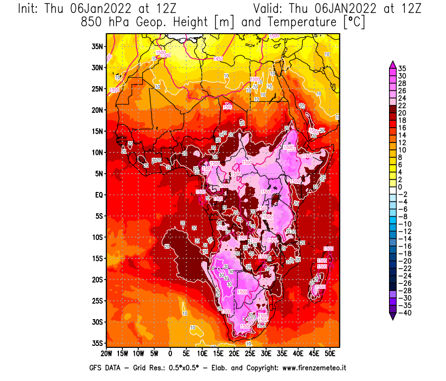 Mappa di analisi GFS - Geopotenziale [m] e Temperatura [°C] a 850 hPa in Africa
							del 06/01/2022 12 <!--googleoff: index-->UTC<!--googleon: index-->