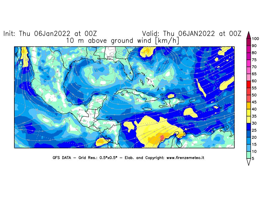 Mappa di analisi GFS - Velocità del vento a 10 metri dal suolo [km/h] in Centro-America
							del 06/01/2022 00 <!--googleoff: index-->UTC<!--googleon: index-->