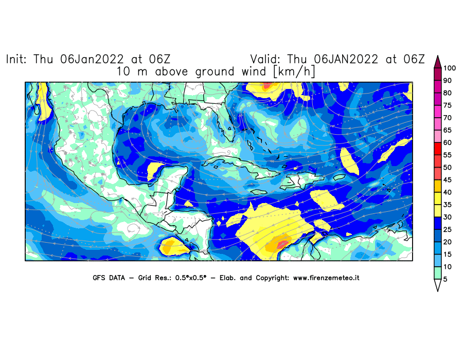 Mappa di analisi GFS - Velocità del vento a 10 metri dal suolo [km/h] in Centro-America
							del 06/01/2022 06 <!--googleoff: index-->UTC<!--googleon: index-->