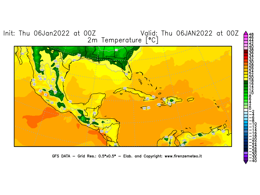 Mappa di analisi GFS - Temperatura a 2 metri dal suolo [°C] in Centro-America
							del 06/01/2022 00 <!--googleoff: index-->UTC<!--googleon: index-->
