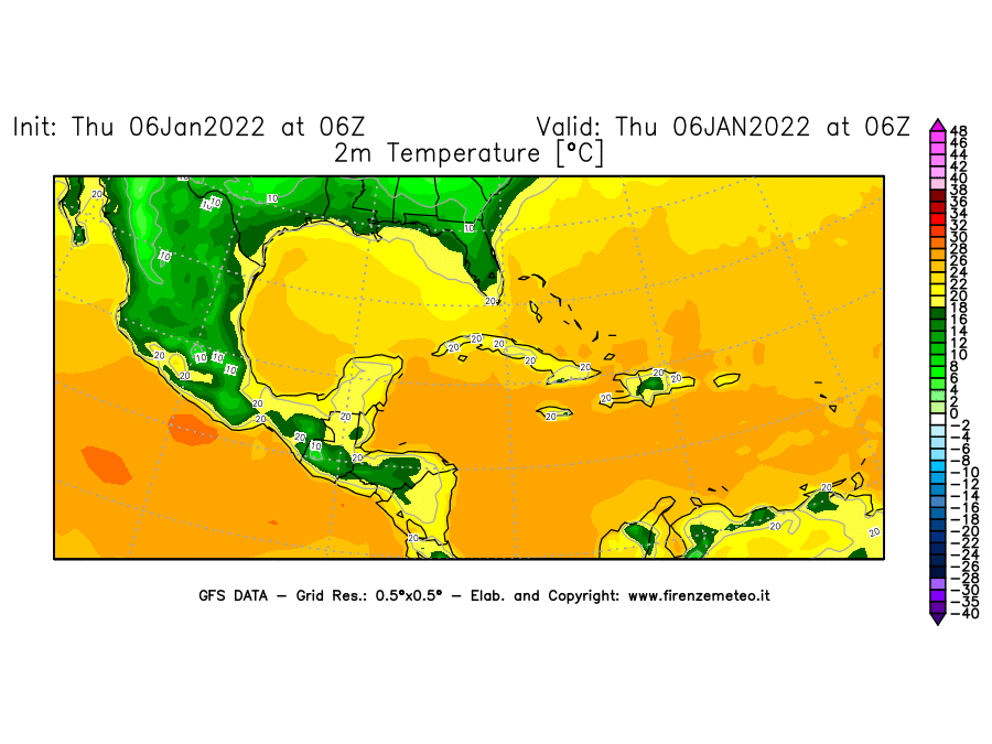 Mappa di analisi GFS - Temperatura a 2 metri dal suolo [°C] in Centro-America
							del 06/01/2022 06 <!--googleoff: index-->UTC<!--googleon: index-->