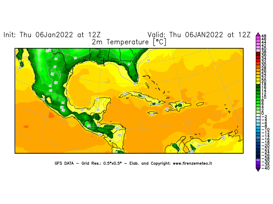 Mappa di analisi GFS - Temperatura a 2 metri dal suolo [°C] in Centro-America
							del 06/01/2022 12 <!--googleoff: index-->UTC<!--googleon: index-->