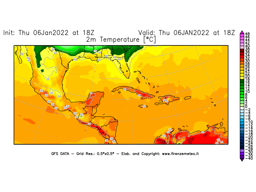 Mappa di analisi GFS - Temperatura a 2 metri dal suolo [°C] in Centro-America
							del 06/01/2022 18 <!--googleoff: index-->UTC<!--googleon: index-->
