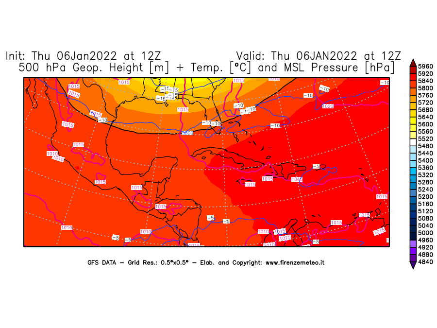 Mappa di analisi GFS - Geopotenziale [m] + Temp. [°C] a 500 hPa + Press. a livello del mare [hPa] in Centro-America
							del 06/01/2022 12 <!--googleoff: index-->UTC<!--googleon: index-->