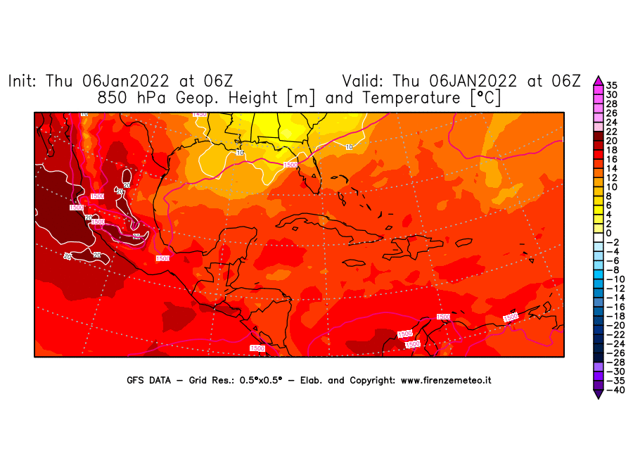 Mappa di analisi GFS - Geopotenziale [m] e Temperatura [°C] a 850 hPa in Centro-America
							del 06/01/2022 06 <!--googleoff: index-->UTC<!--googleon: index-->