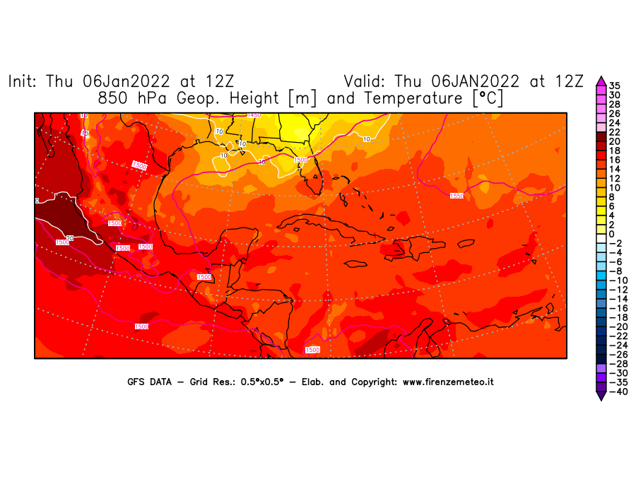 Mappa di analisi GFS - Geopotenziale [m] e Temperatura [°C] a 850 hPa in Centro-America
							del 06/01/2022 12 <!--googleoff: index-->UTC<!--googleon: index-->