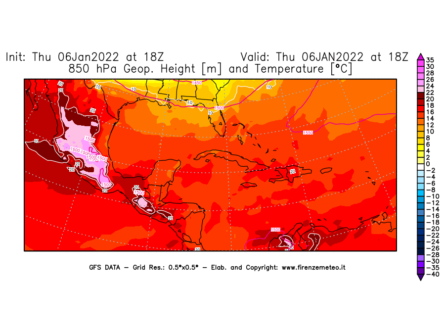 Mappa di analisi GFS - Geopotenziale [m] e Temperatura [°C] a 850 hPa in Centro-America
							del 06/01/2022 18 <!--googleoff: index-->UTC<!--googleon: index-->