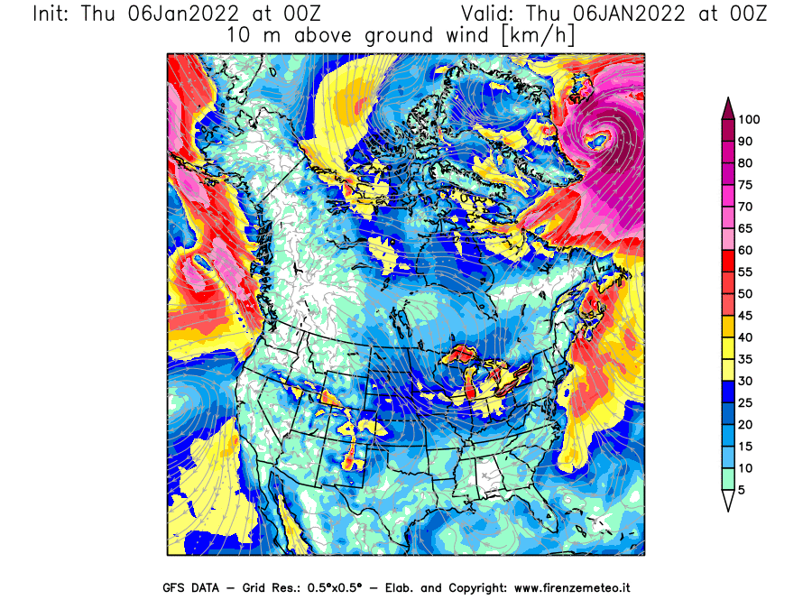Mappa di analisi GFS - Velocità del vento a 10 metri dal suolo [km/h] in Nord-America
							del 06/01/2022 00 <!--googleoff: index-->UTC<!--googleon: index-->