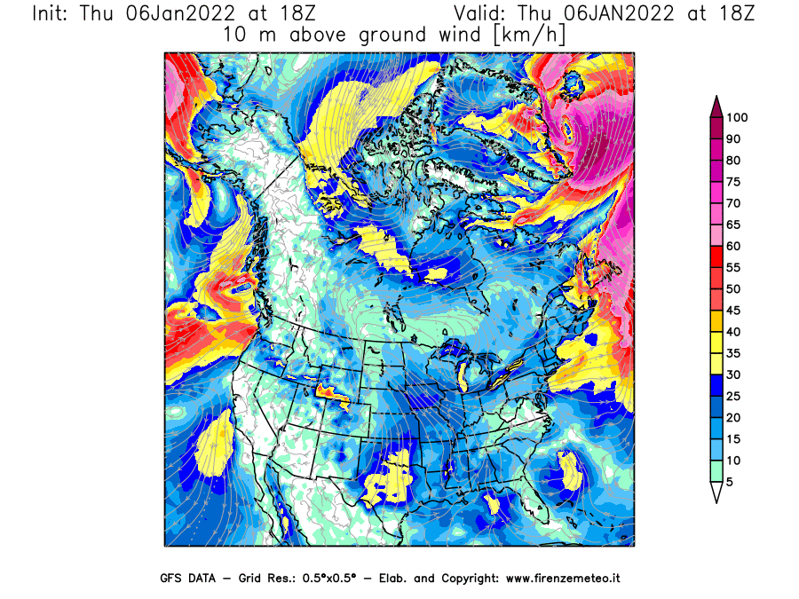 Mappa di analisi GFS - Velocità del vento a 10 metri dal suolo [km/h] in Nord-America
							del 06/01/2022 18 <!--googleoff: index-->UTC<!--googleon: index-->