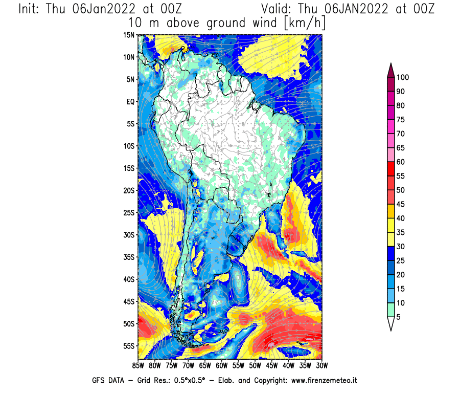 Mappa di analisi GFS - Velocità del vento a 10 metri dal suolo [km/h] in Sud-America
							del 06/01/2022 00 <!--googleoff: index-->UTC<!--googleon: index-->