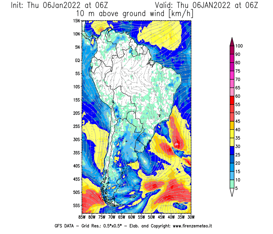 Mappa di analisi GFS - Velocità del vento a 10 metri dal suolo [km/h] in Sud-America
							del 06/01/2022 06 <!--googleoff: index-->UTC<!--googleon: index-->