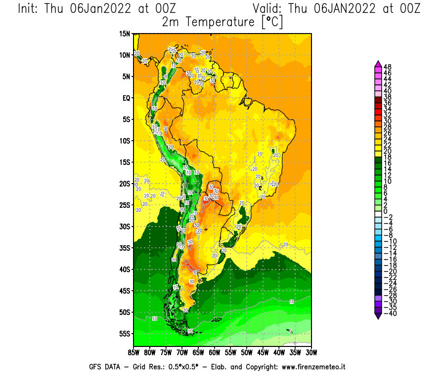 Mappa di analisi GFS - Temperatura a 2 metri dal suolo [°C] in Sud-America
							del 06/01/2022 00 <!--googleoff: index-->UTC<!--googleon: index-->