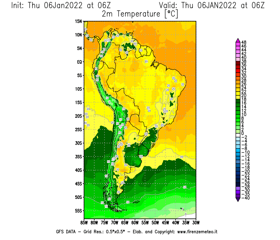 Mappa di analisi GFS - Temperatura a 2 metri dal suolo [°C] in Sud-America
							del 06/01/2022 06 <!--googleoff: index-->UTC<!--googleon: index-->