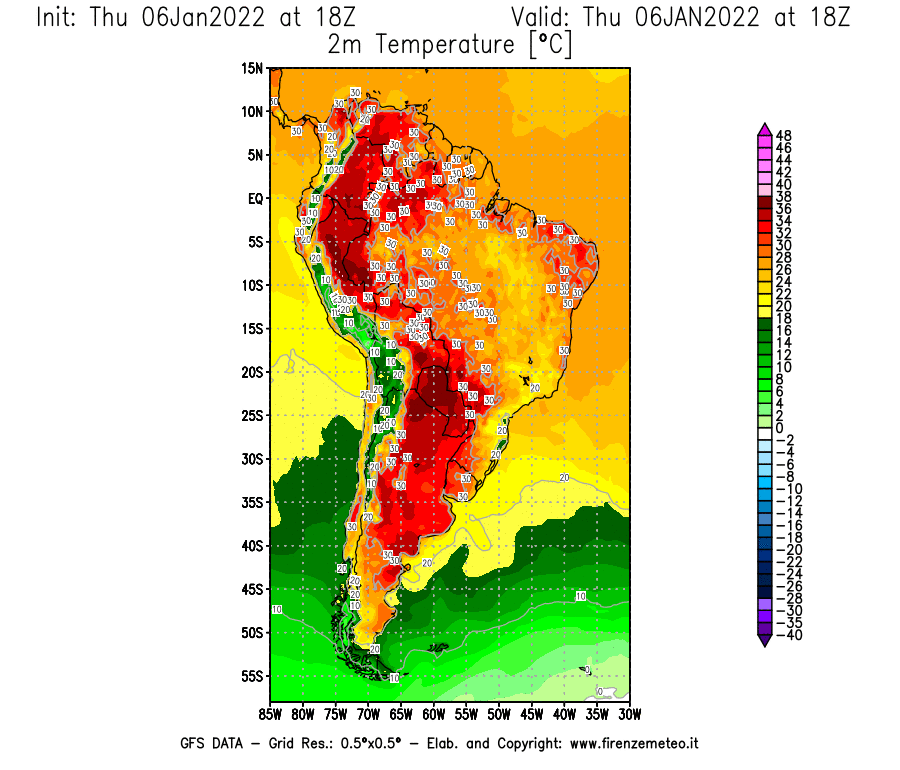 Mappa di analisi GFS - Temperatura a 2 metri dal suolo [°C] in Sud-America
							del 06/01/2022 18 <!--googleoff: index-->UTC<!--googleon: index-->