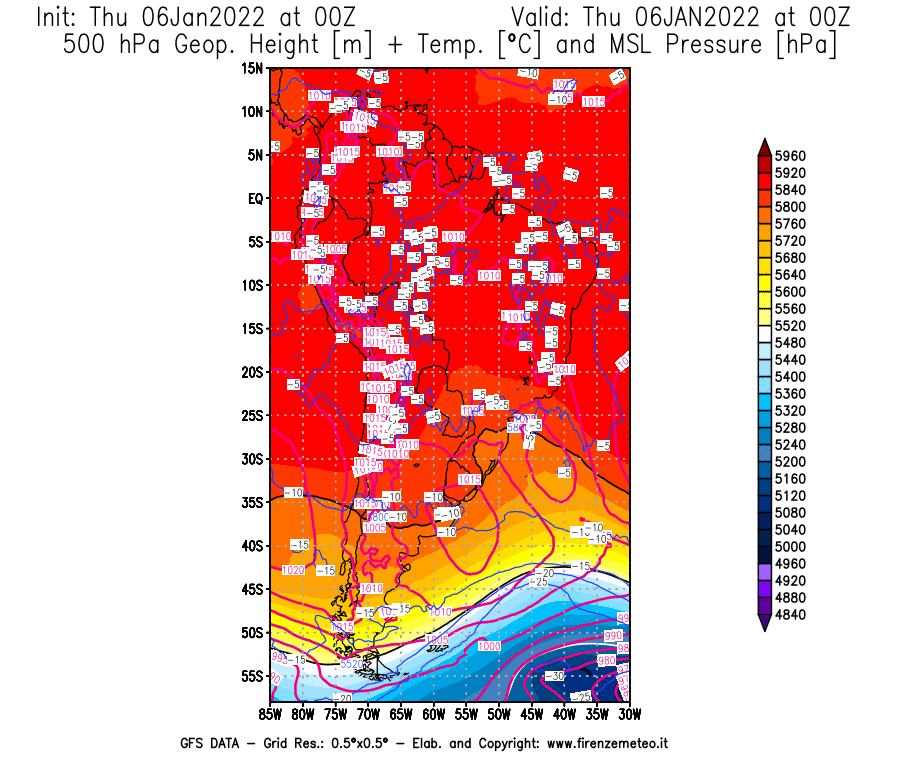 Mappa di analisi GFS - Geopotenziale [m] + Temp. [°C] a 500 hPa + Press. a livello del mare [hPa] in Sud-America
							del 06/01/2022 00 <!--googleoff: index-->UTC<!--googleon: index-->