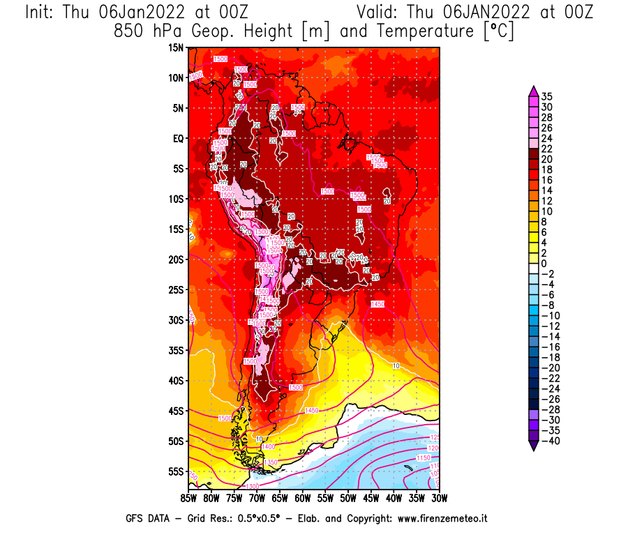Mappa di analisi GFS - Geopotenziale [m] e Temperatura [°C] a 850 hPa in Sud-America
							del 06/01/2022 00 <!--googleoff: index-->UTC<!--googleon: index-->
