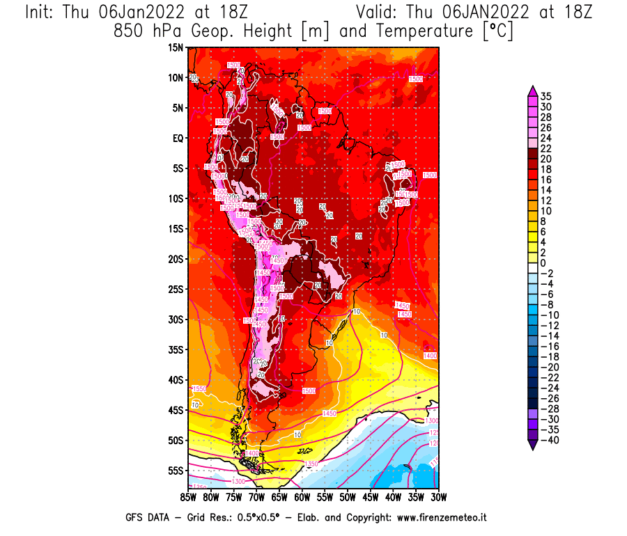 Mappa di analisi GFS - Geopotenziale [m] e Temperatura [°C] a 850 hPa in Sud-America
							del 06/01/2022 18 <!--googleoff: index-->UTC<!--googleon: index-->