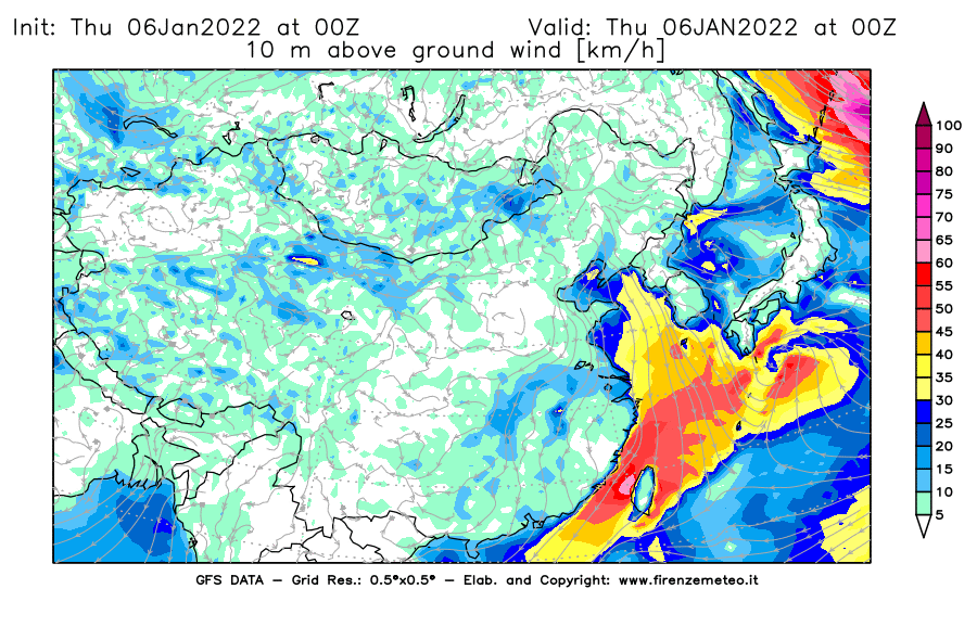 Mappa di analisi GFS - Velocità del vento a 10 metri dal suolo [km/h] in Asia Orientale
							del 06/01/2022 00 <!--googleoff: index-->UTC<!--googleon: index-->