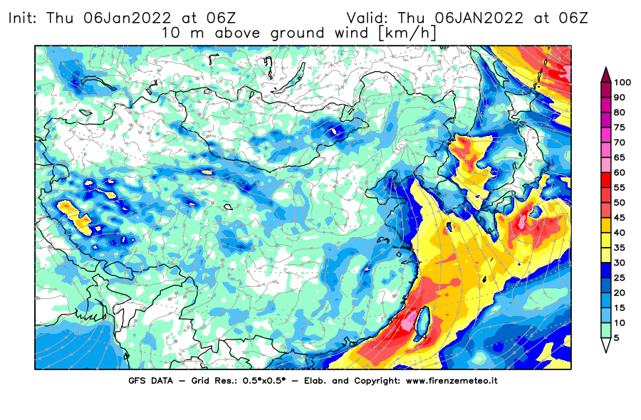Mappa di analisi GFS - Velocità del vento a 10 metri dal suolo [km/h] in Asia Orientale
							del 06/01/2022 06 <!--googleoff: index-->UTC<!--googleon: index-->
